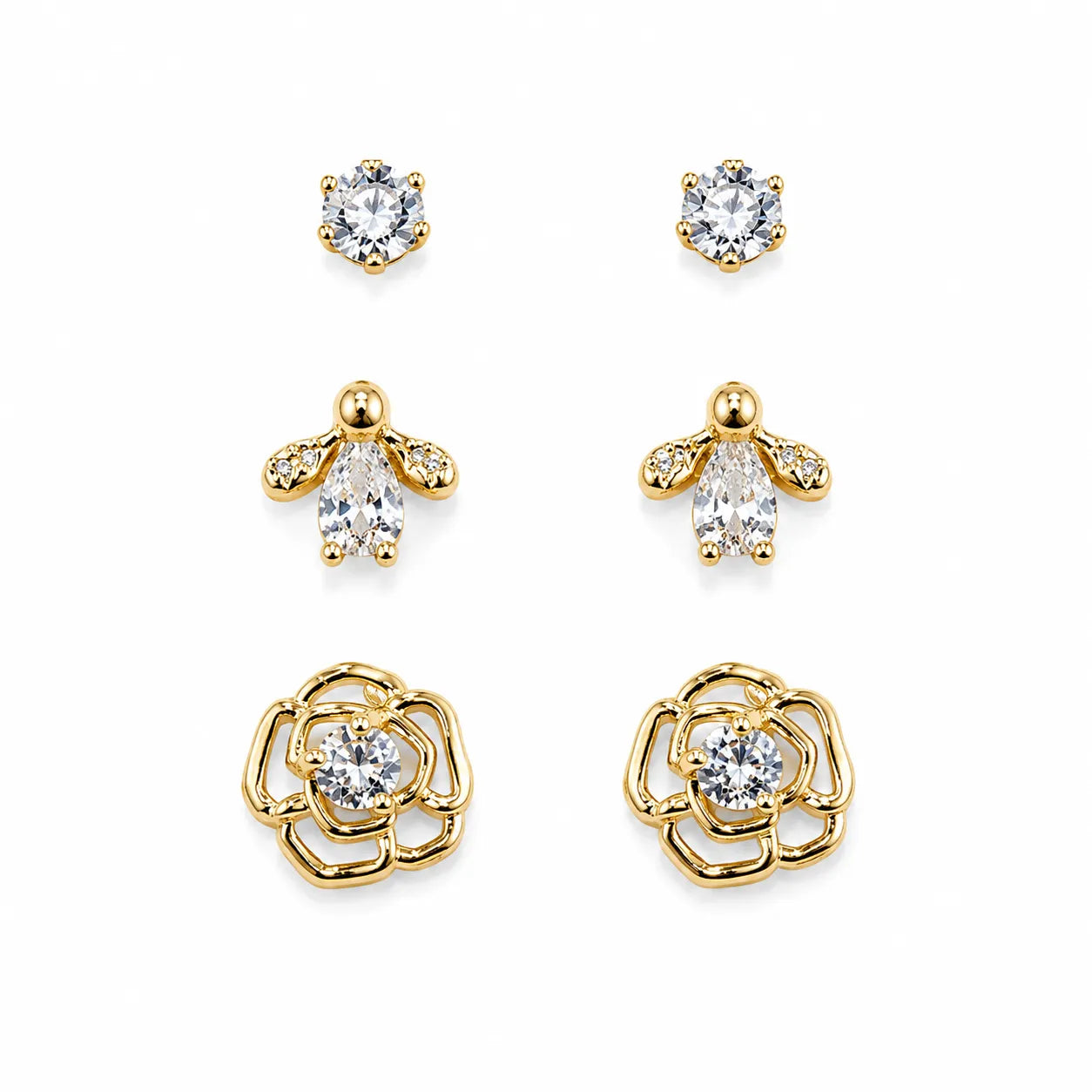 Marvel Silver Gold-Tone Floral Bee and Stone 3 Pair Imitation Earrings Set for Girls