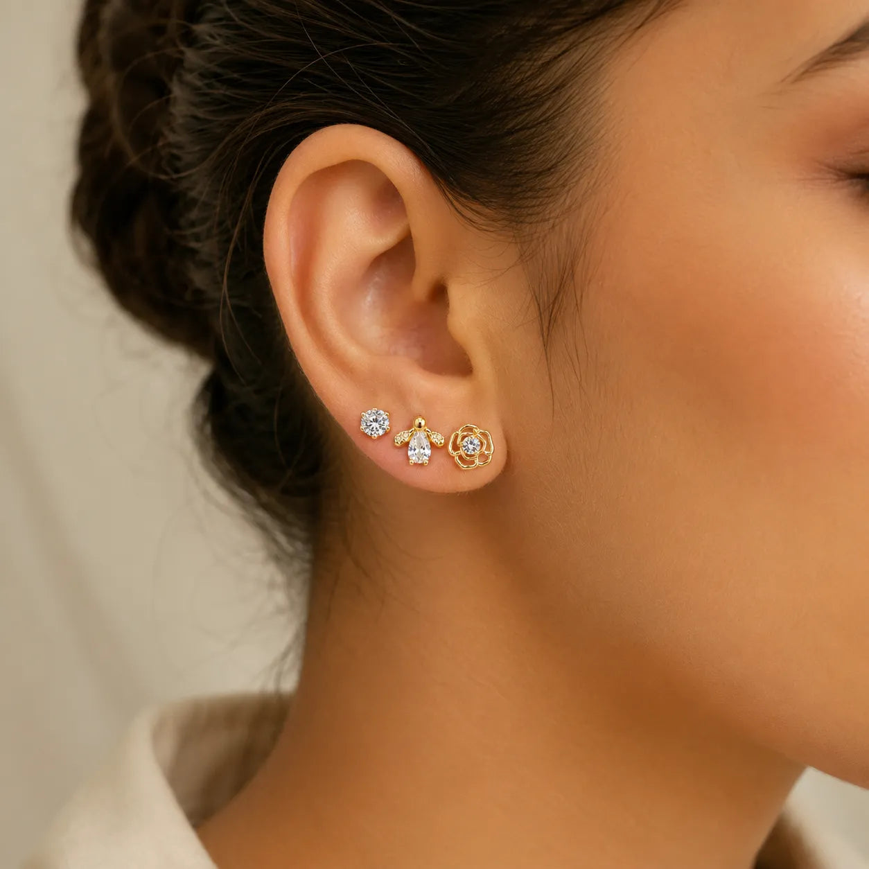 Marvel Silver Gold-Tone Floral Bee and Stone 3 Pair Imitation Earrings Set for Girls