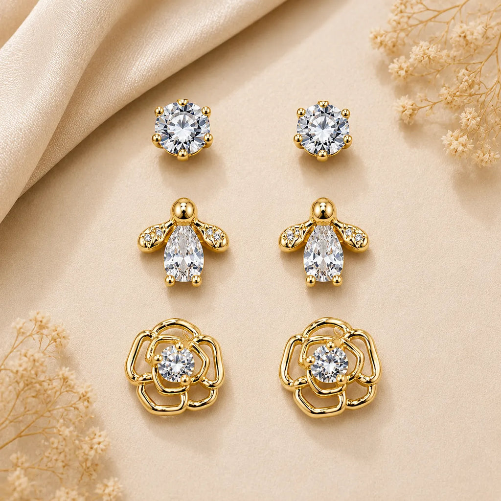 Marvel Silver Gold-Tone Floral Bee and Stone 3 Pair Imitation Earrings Set for Girls