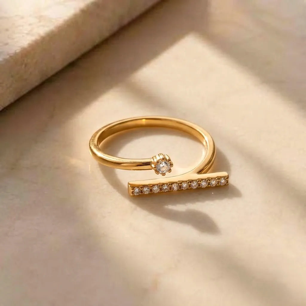 Marvel Silver gold plated adjustable minimalist bar imitation ring featuring sparkling cubic zirconia stones for women and girls.