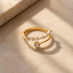 Marvel Silver gold plated adjustable open imitation ring featuring baguette, marquise, and round-cut cubic zirconia stones for women and girls.