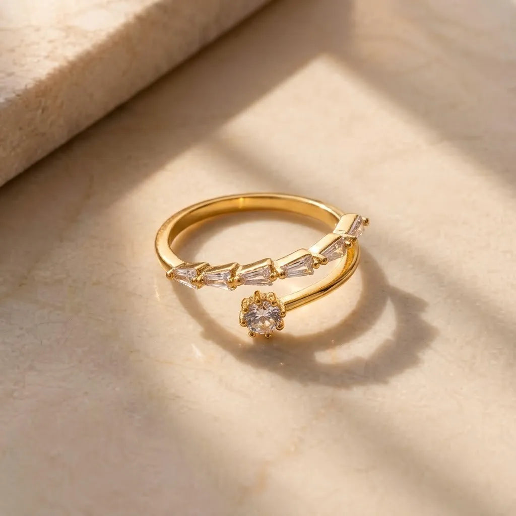 Marvel Silver gold plated adjustable open imitation ring featuring baguette, marquise, and round-cut cubic zirconia stones for women and girls.