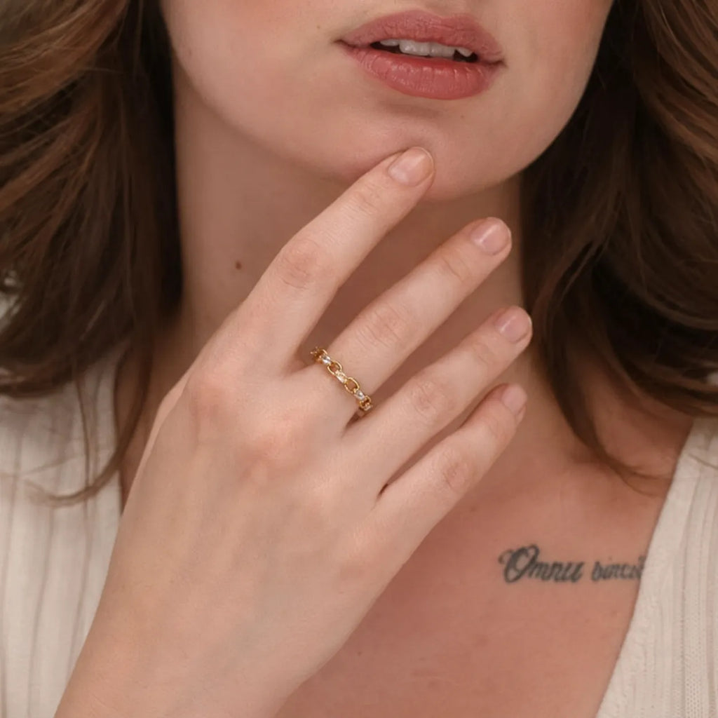 Marvel Silver gold plated adjustable chain link crystal ring for girls with baguette-cut stones and modern open design.
