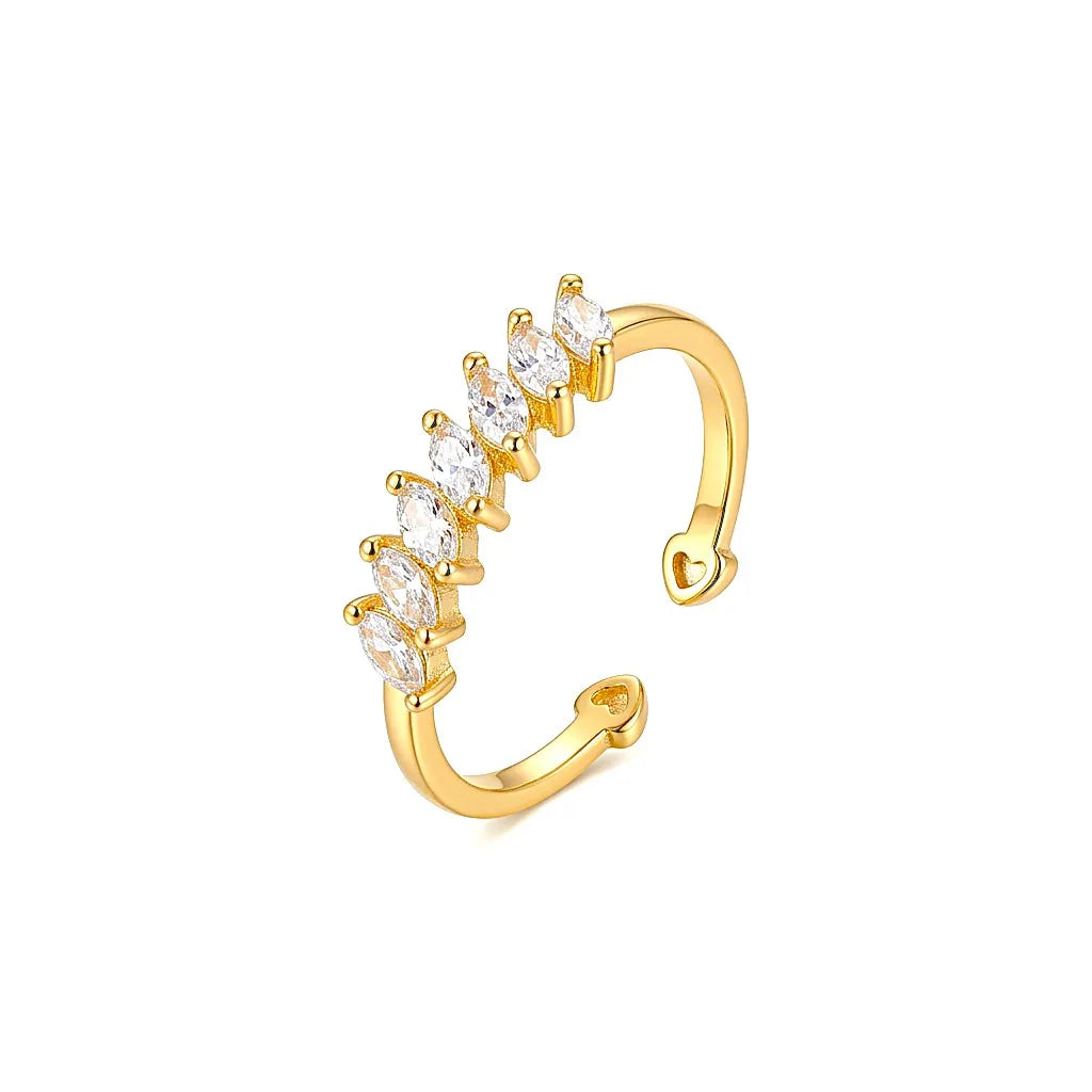 Marvel Silver gold plated adjustable marquise CZ imitation ring with sparkling crystal stones and heart-shaped open ends for women and girls.
