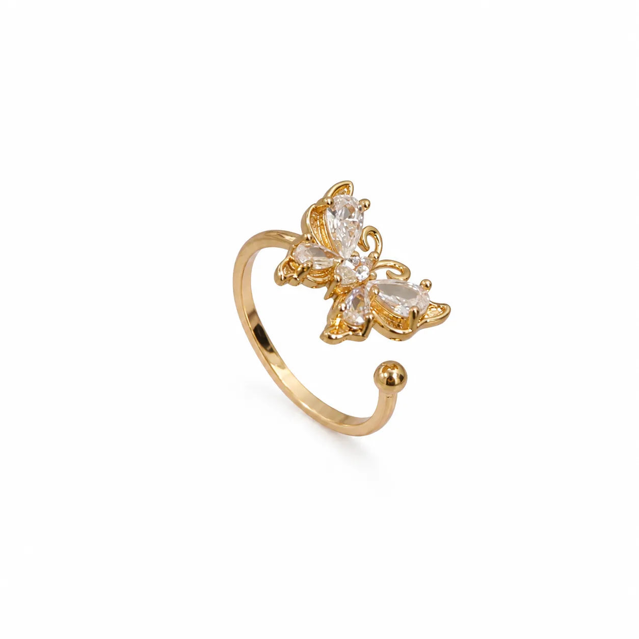 Marvel Silver gold plated adjustable butterfly crystal ring for girls featuring marquise and pear-cut cubic zirconia stones with an elegant open-band design.