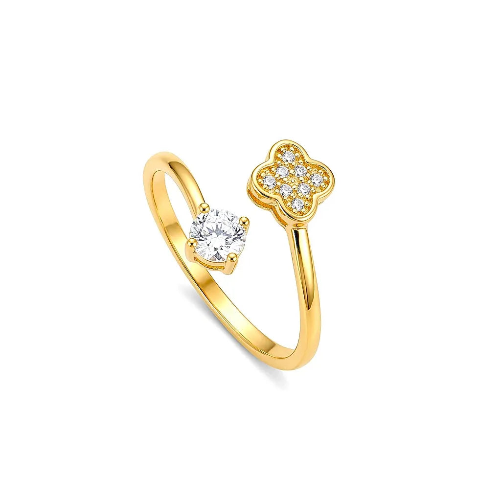Marvel Silver gold plated adjustable clover imitation ring featuring sparkling cubic zirconia stones with a solitaire CZ accent for women and girls.
