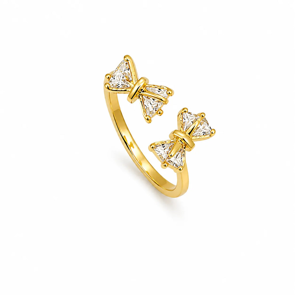 Marvel Silver gold plated adjustable double bow ring for girls featuring sparkling triangle-cut cubic zirconia stones in an elegant open-band design.