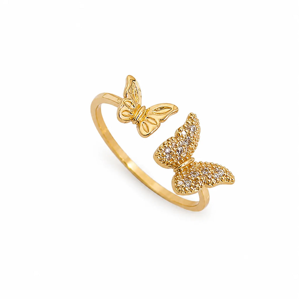 Marvel Silver gold plated double butterfly adjustable ring for girls featuring sparkling cubic zirconia stones and an elegant open-band design.