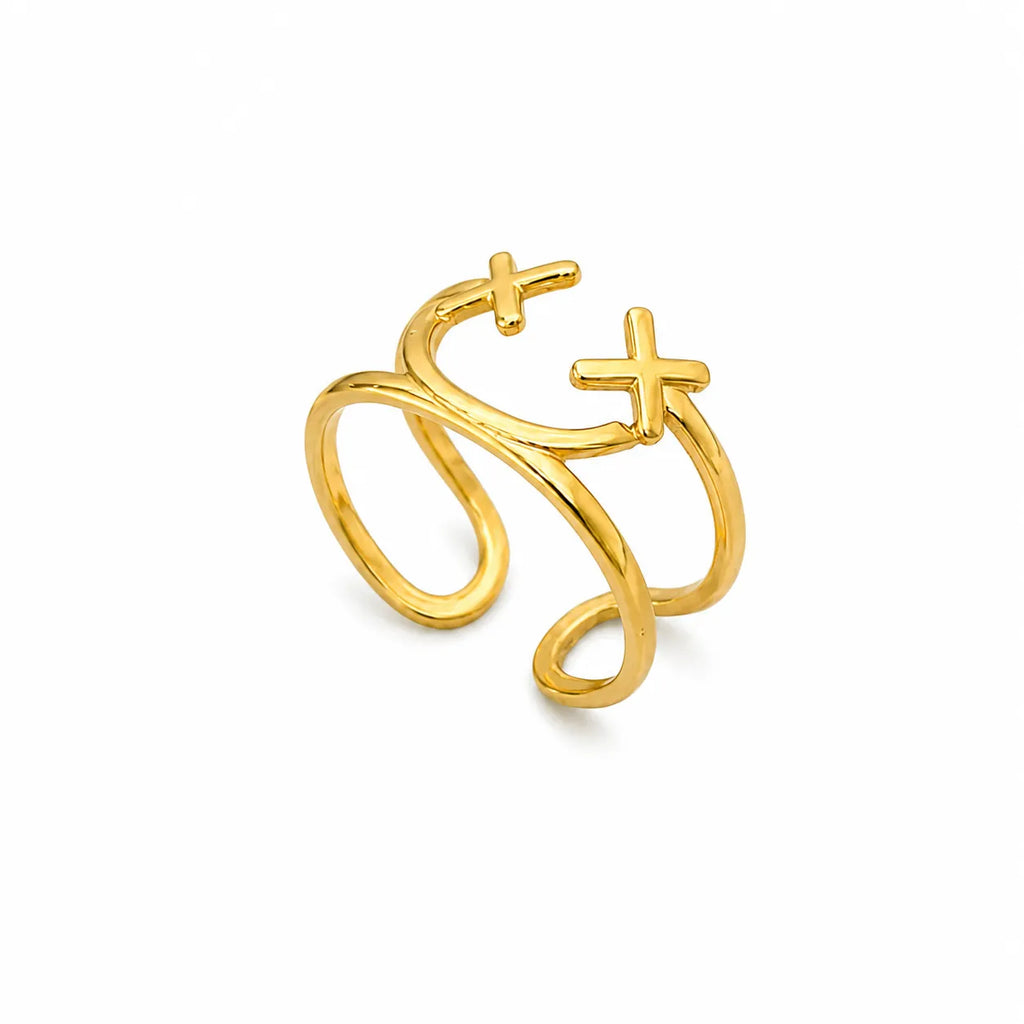 Marvel Silver Gold Plated Double Cross Adjustable Ring for Women and Girls – Modern Minimalist Fashion Ring