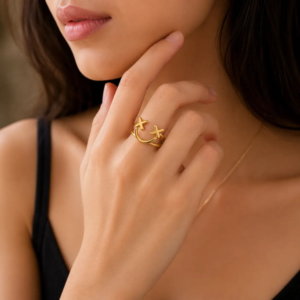 Marvel Silver Gold Plated Double Cross Adjustable Ring for Women and Girls – Modern Minimalist Fashion Ring