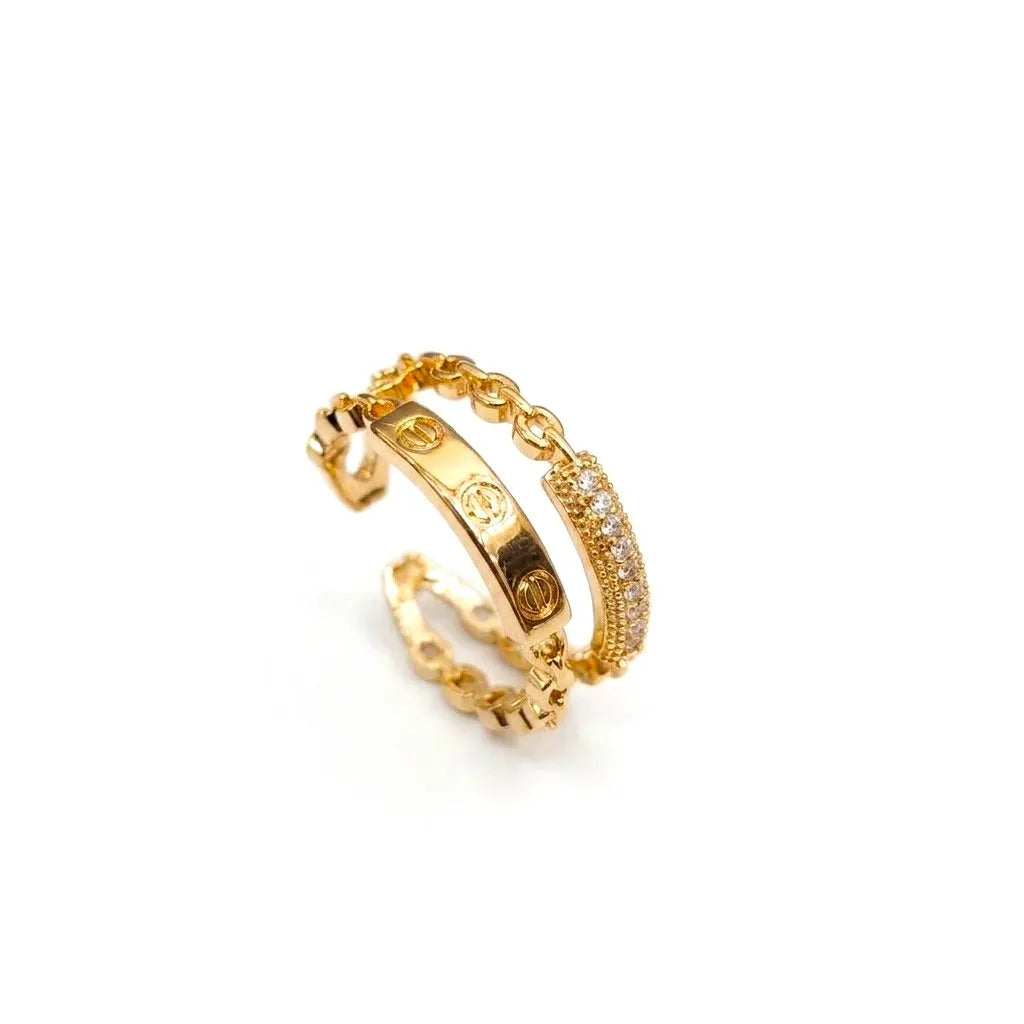 Marvel Silver gold plated dual band adjustable imitation ring featuring a screw-pattern band and sparkling cubic zirconia stones for women and girls.