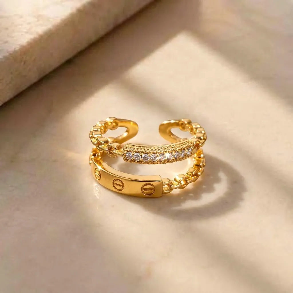 Marvel Silver gold plated dual band adjustable imitation ring featuring a screw-pattern band and sparkling cubic zirconia stones for women and girls.