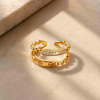 Marvel Silver gold plated dual band adjustable imitation ring featuring a screw-pattern band and sparkling cubic zirconia stones for women and girls.
