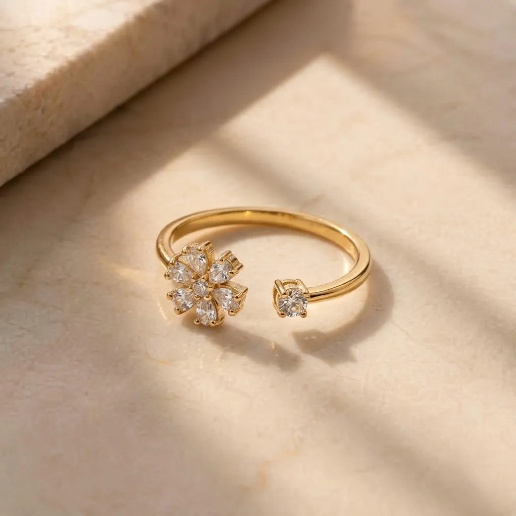 Marvel Silver gold plated adjustable floral imitation ring featuring marquise-cut and round cubic zirconia stones with a solitaire accent for women and girls.