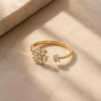 Marvel Silver gold plated adjustable floral imitation ring featuring marquise-cut and round cubic zirconia stones with a solitaire accent for women and girls.