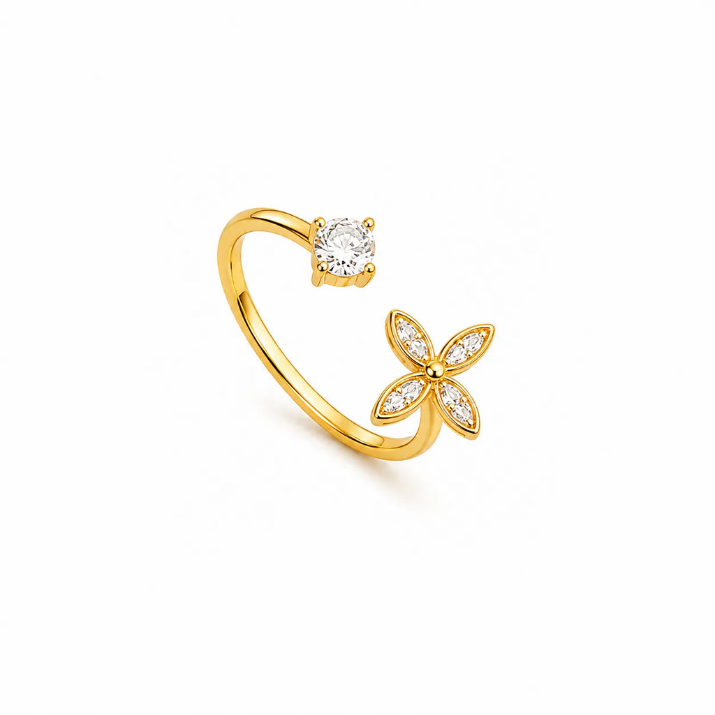 Marvel Silver gold plated adjustable floral imitation ring with sparkling cubic zirconia stones and elegant flower design for women and girls.