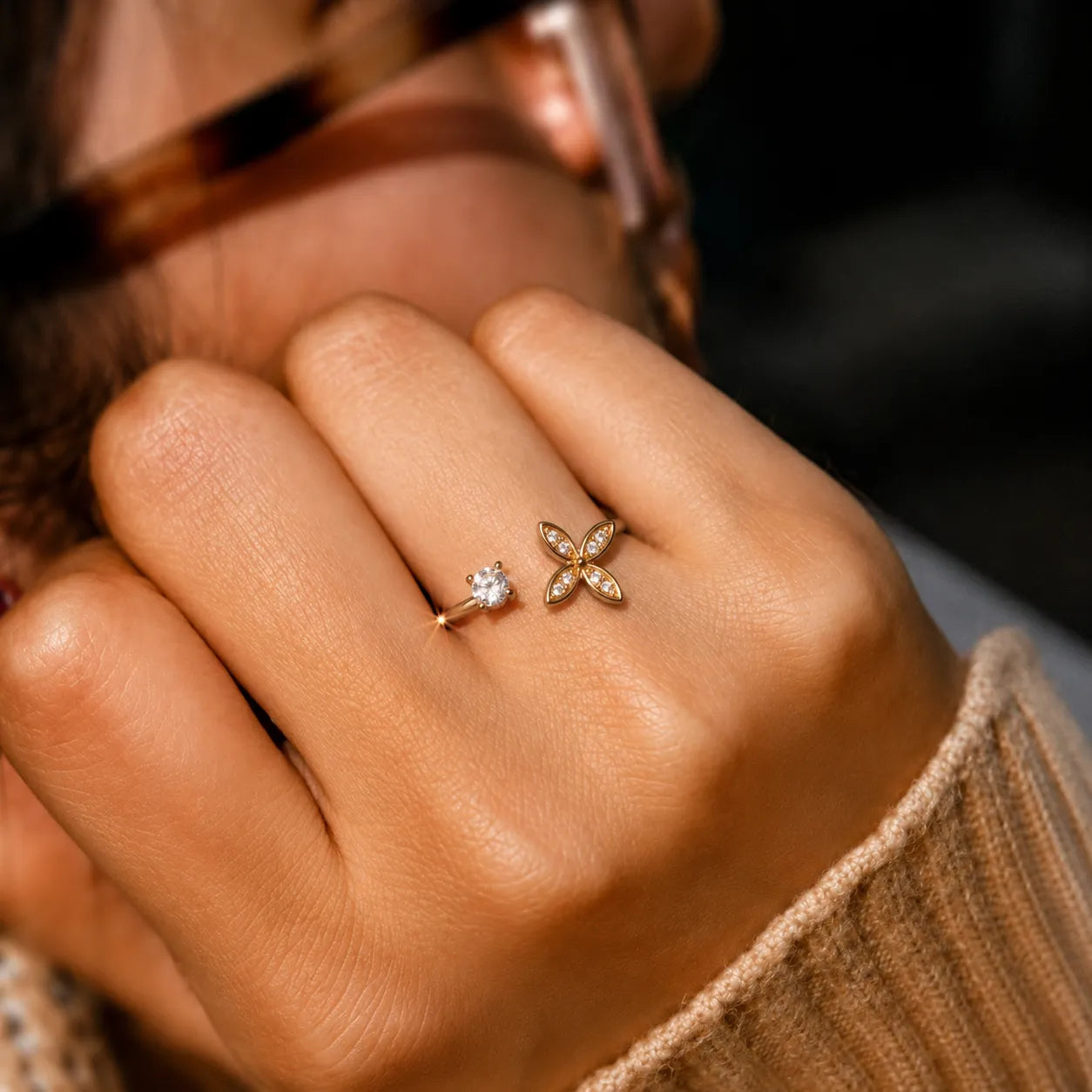 Marvel Silver gold plated adjustable floral imitation ring with sparkling cubic zirconia stones and elegant flower design for women and girls.