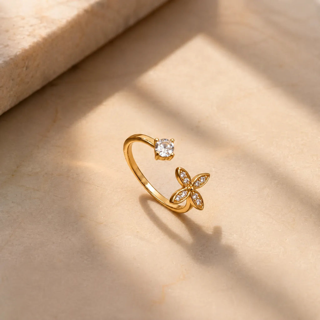 Marvel Silver gold plated adjustable floral imitation ring with sparkling cubic zirconia stones and elegant flower design for women and girls.
