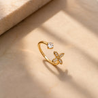 Marvel Silver gold plated adjustable floral imitation ring with sparkling cubic zirconia stones and elegant flower design for women and girls.