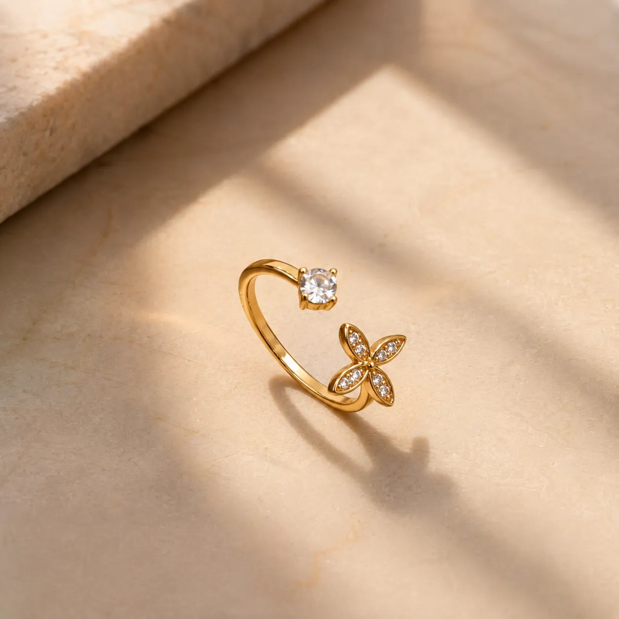 Marvel Silver gold plated adjustable floral imitation ring with sparkling cubic zirconia stones and elegant flower design for women and girls.