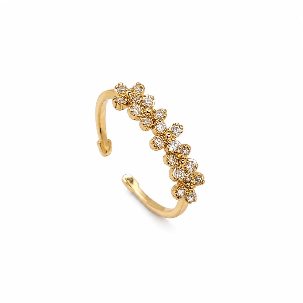Marvel Silver gold plated adjustable floral crystal ring for girls featuring sparkling flower-shaped cubic zirconia stones in an elegant open-band design.