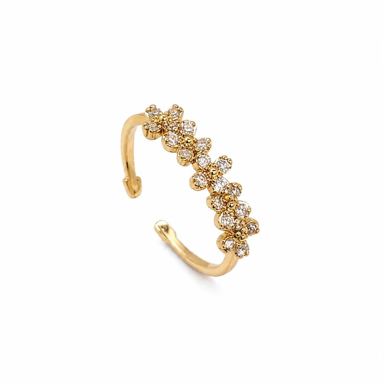 Marvel Silver gold plated adjustable floral crystal ring for girls featuring sparkling flower-shaped cubic zirconia stones in an elegant open-band design.