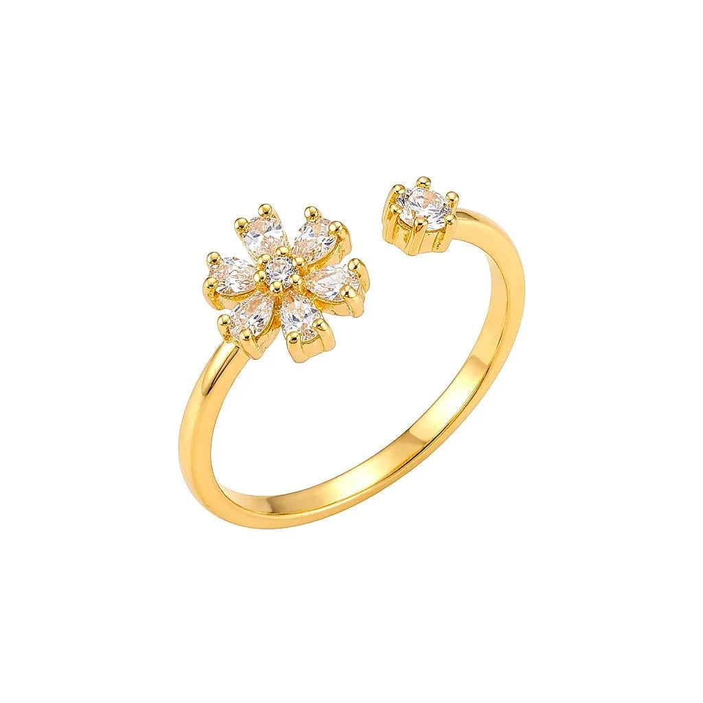Marvel Silver gold plated adjustable floral imitation ring featuring marquise-cut and round cubic zirconia stones with a solitaire accent for women and girls.