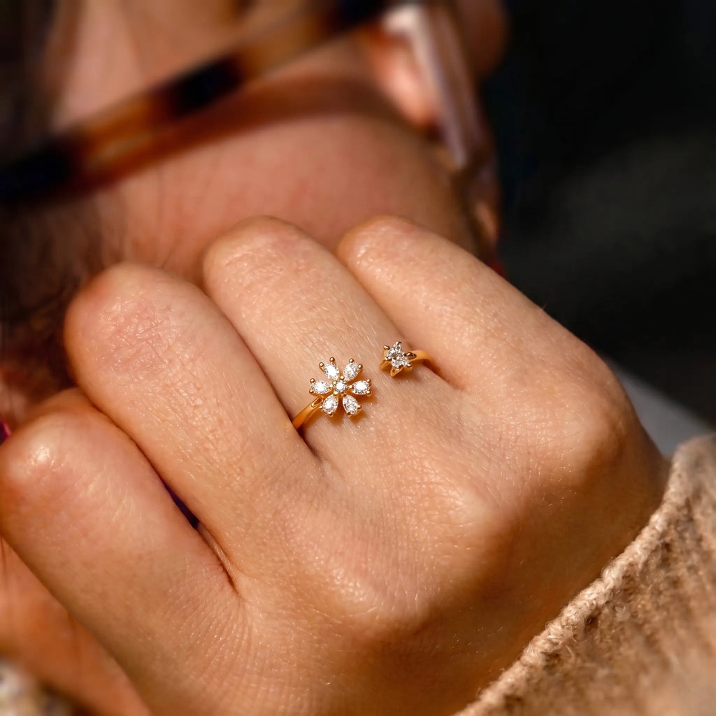 Marvel Silver gold plated adjustable floral imitation ring featuring marquise-cut and round cubic zirconia stones with a solitaire accent for women and girls.