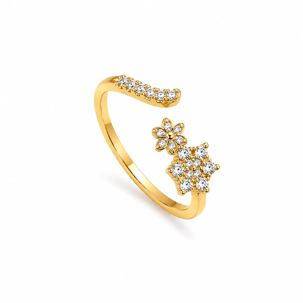 Marvel Silver gold plated adjustable floral imitation ring featuring sparkling CZ stone flower cluster design for women and girls.