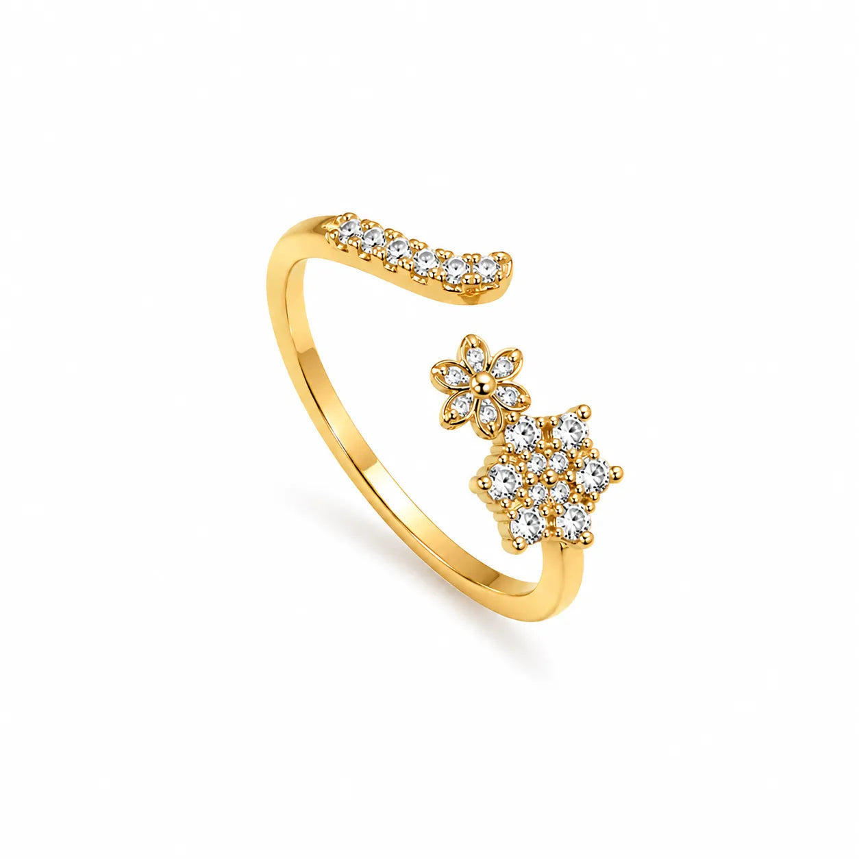 Marvel Silver gold plated adjustable floral imitation ring featuring sparkling CZ stone flower cluster design for women and girls.