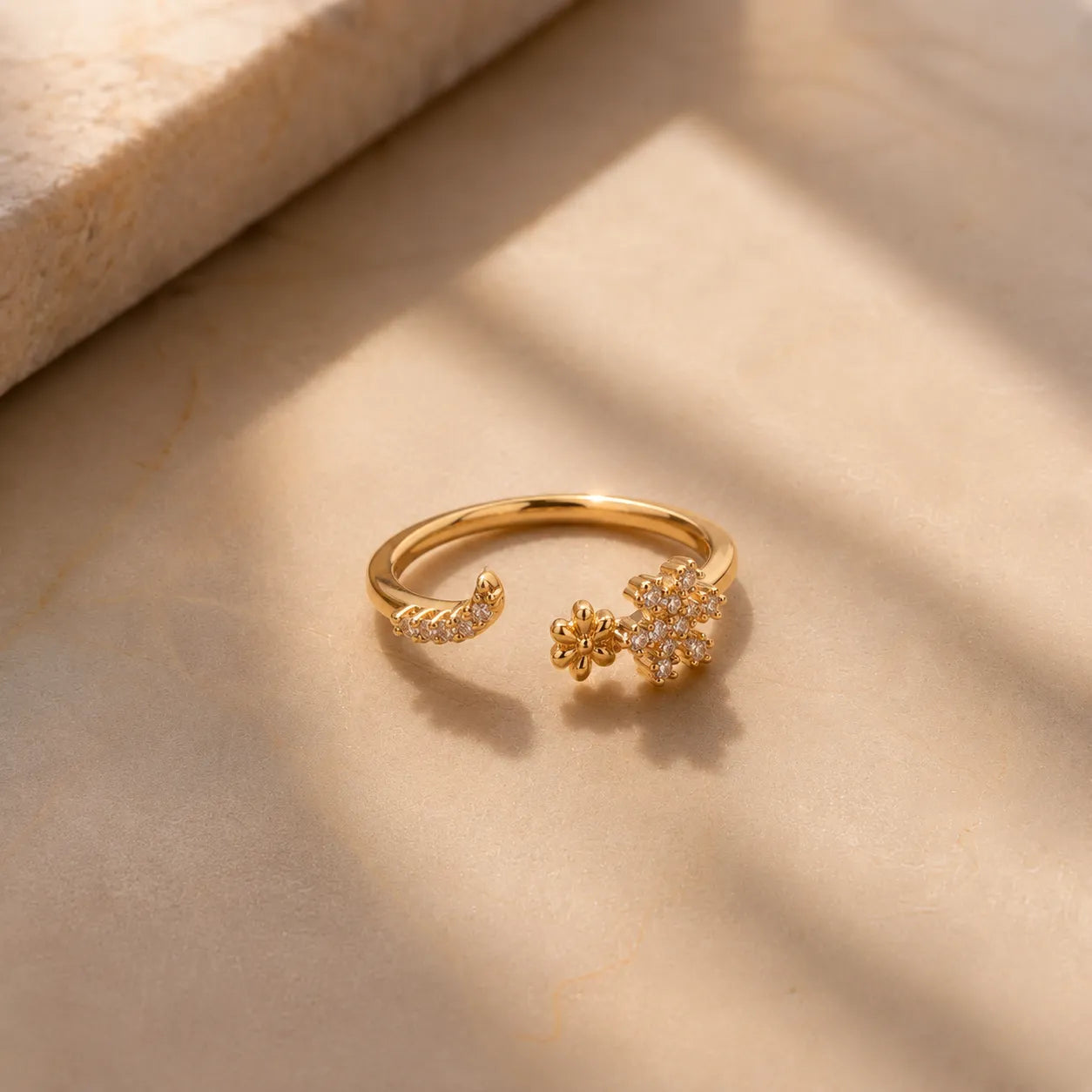 Marvel Silver gold plated adjustable floral imitation ring featuring sparkling CZ stone flower cluster design for women and girls.