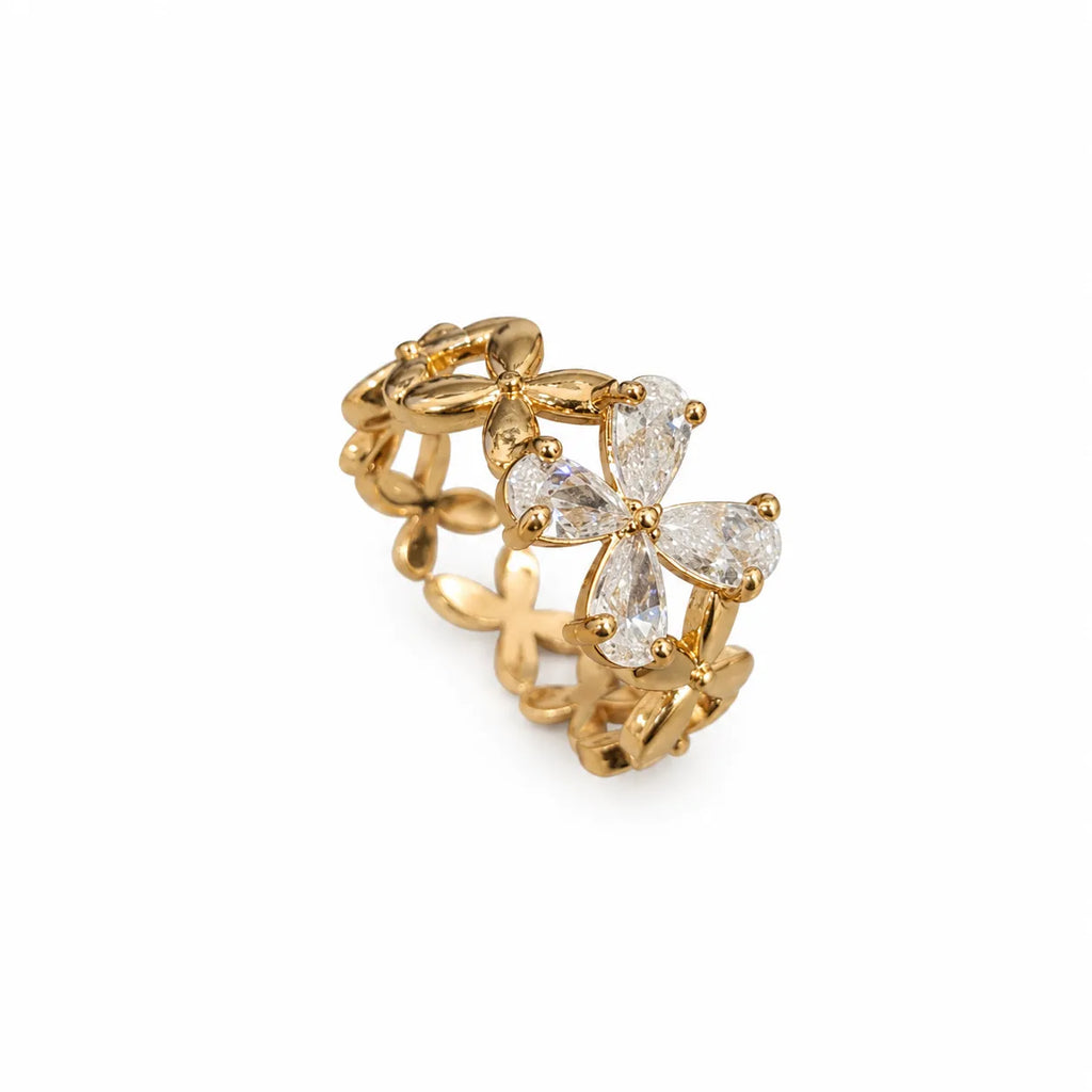 Marvel Silver gold plated floral adjustable ring for girls featuring sparkling pear-cut cubic zirconia stones in an elegant flower-inspired design.
