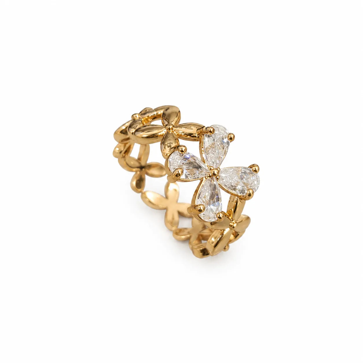 Marvel Silver gold plated floral adjustable ring for girls featuring sparkling pear-cut cubic zirconia stones in an elegant flower-inspired design.