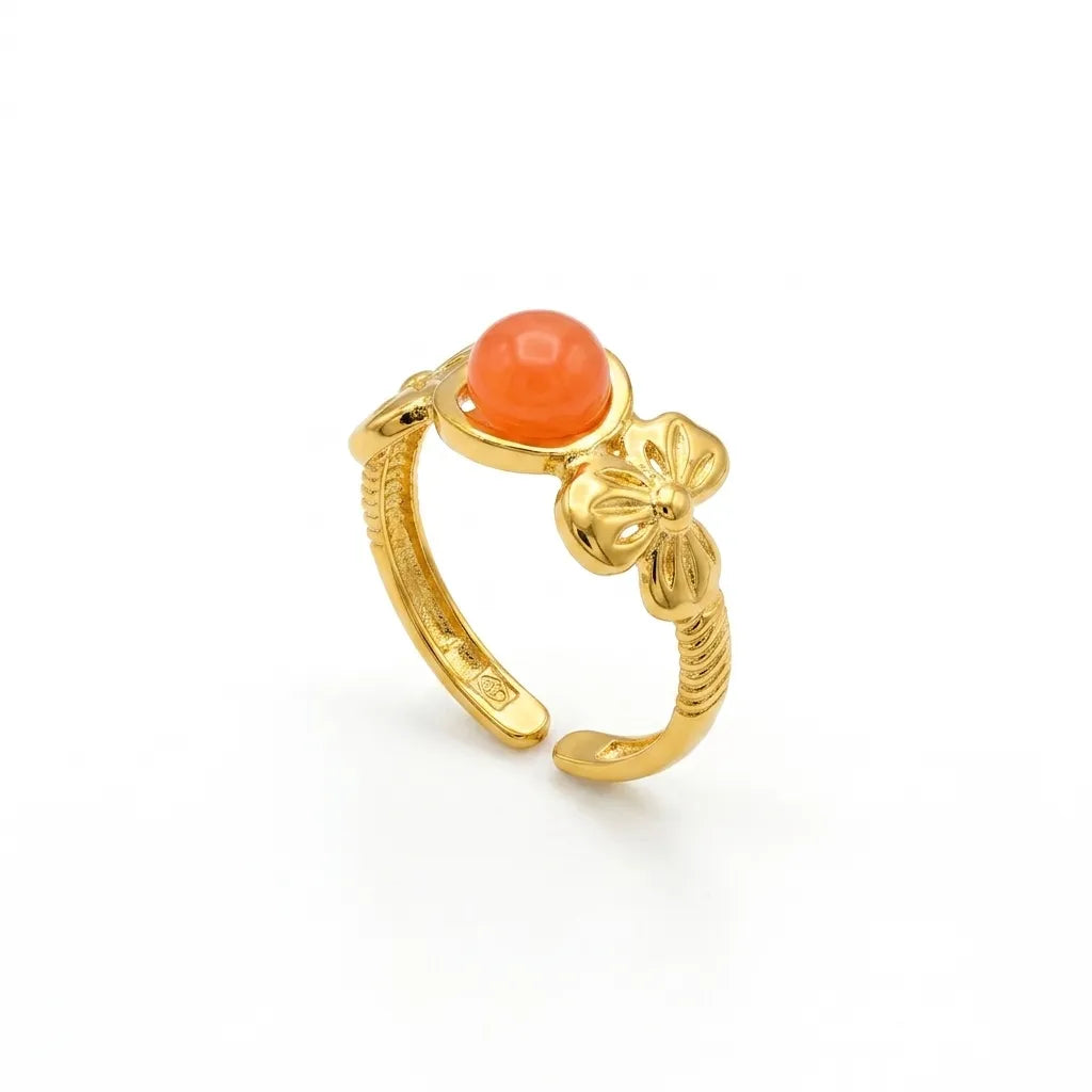 Marvel Silver Gold Plated Floral Orange Stone Adjustable Ring for Women & Girls – Elegant Flower Design Fashion Finger Ring