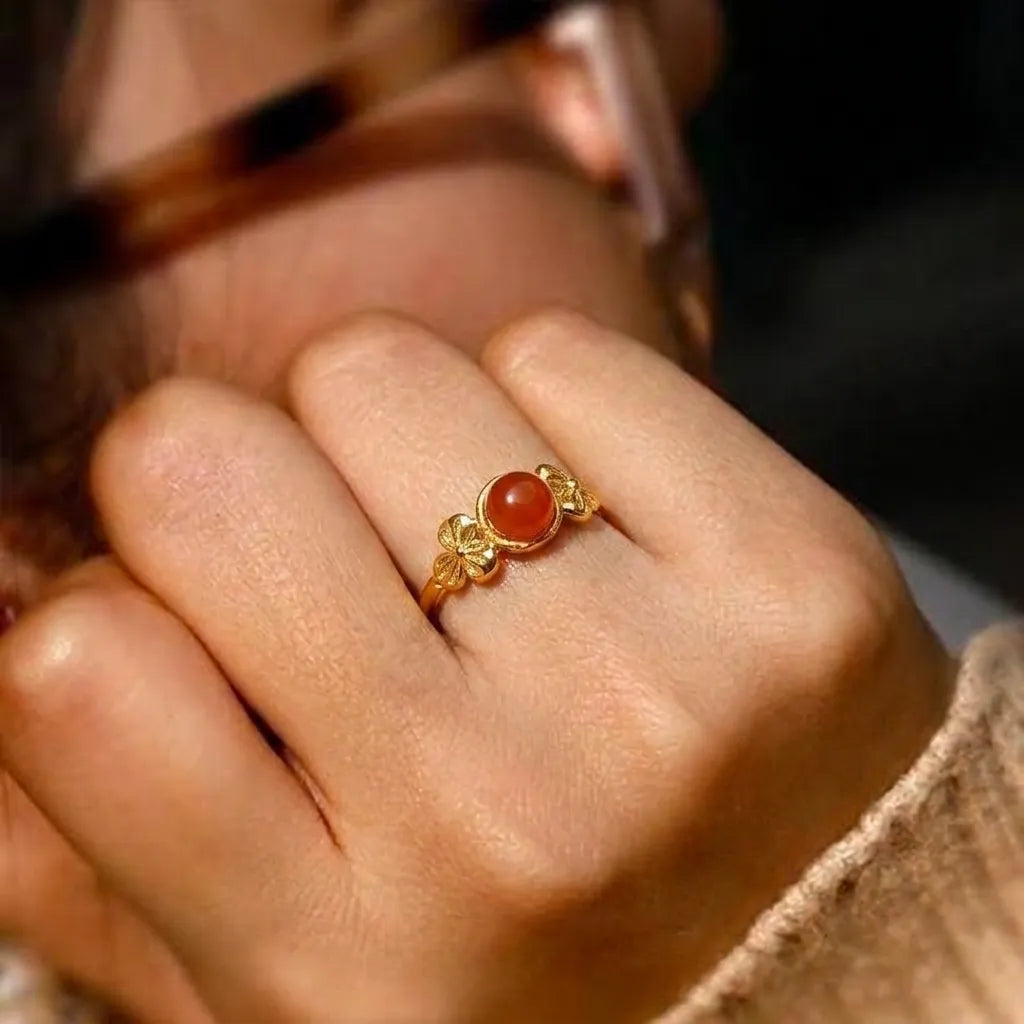 Marvel Silver Gold Plated Floral Orange Stone Adjustable Ring for Women & Girls – Elegant Flower Design Fashion Finger Ring