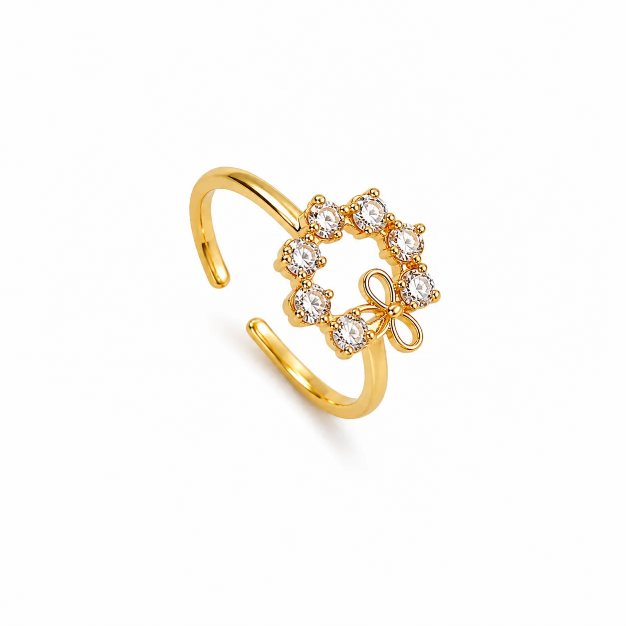 Marvel Silver gold plated adjustable floral wreath ring for girls featuring sparkling cubic zirconia stones with a delicate bow accent in an elegant open-band design.