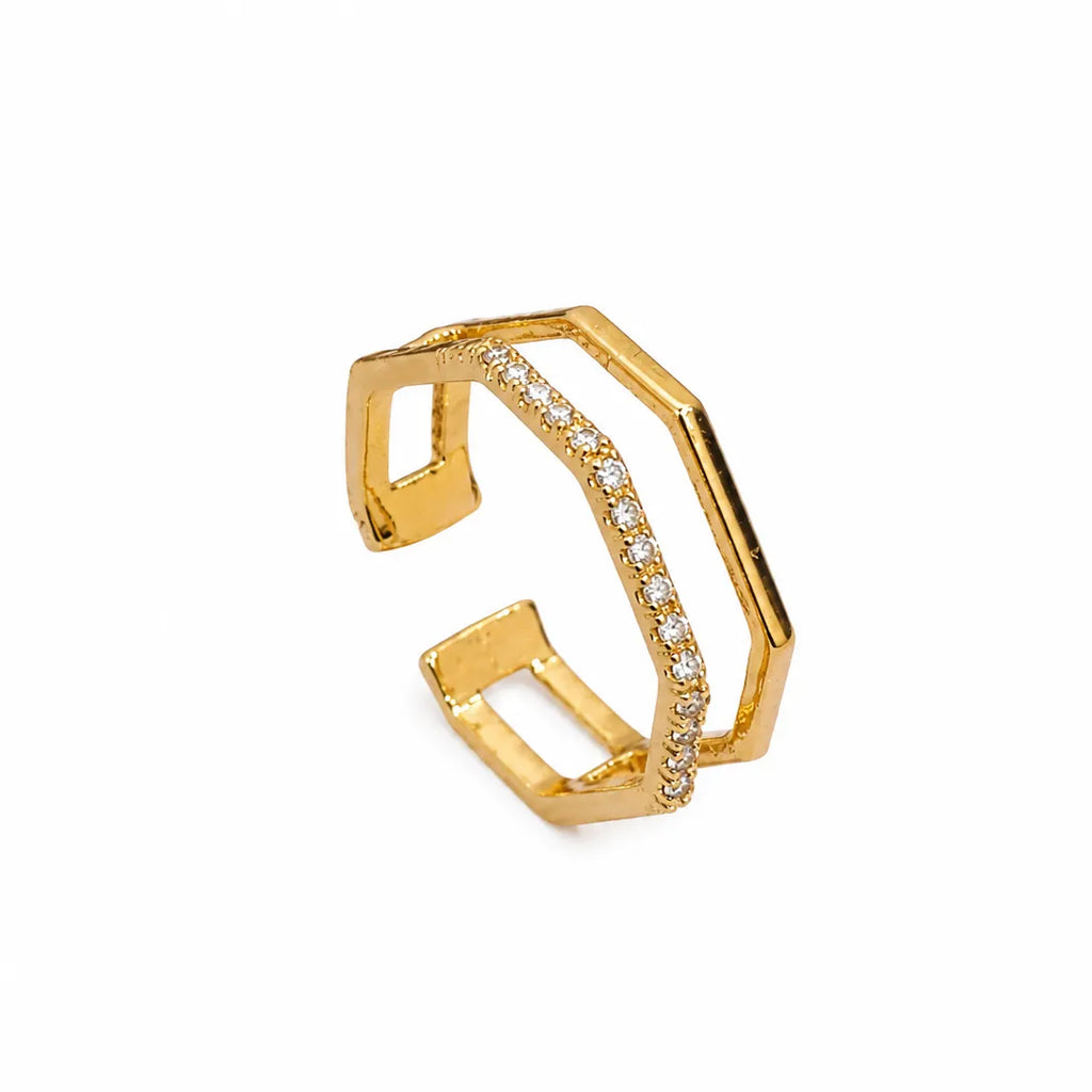 Marvel Silver gold plated geometric adjustable crystal ring for girls with modern hexagon open design.