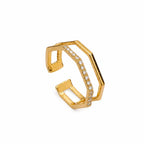 Marvel Silver gold plated geometric adjustable crystal ring for girls with modern hexagon open design.