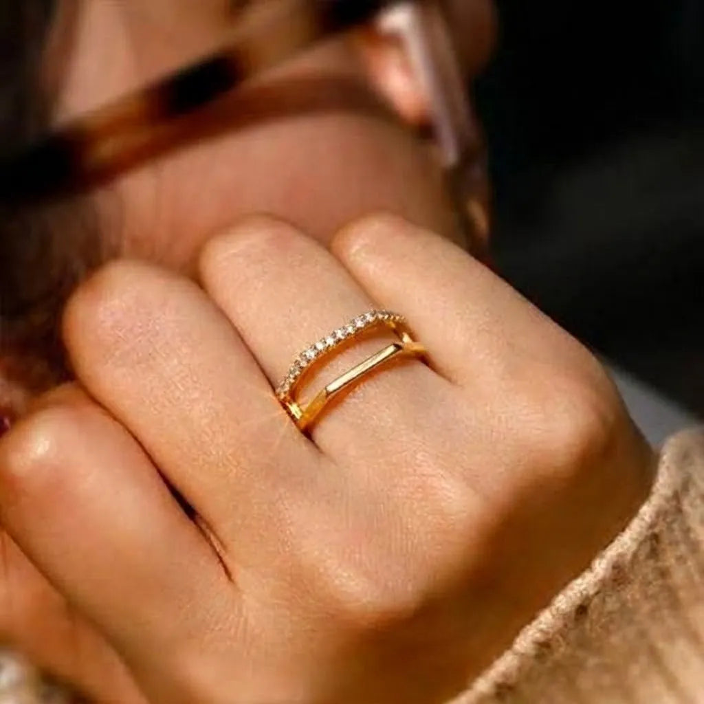 Marvel Silver gold plated geometric adjustable crystal ring for girls with modern hexagon open design.