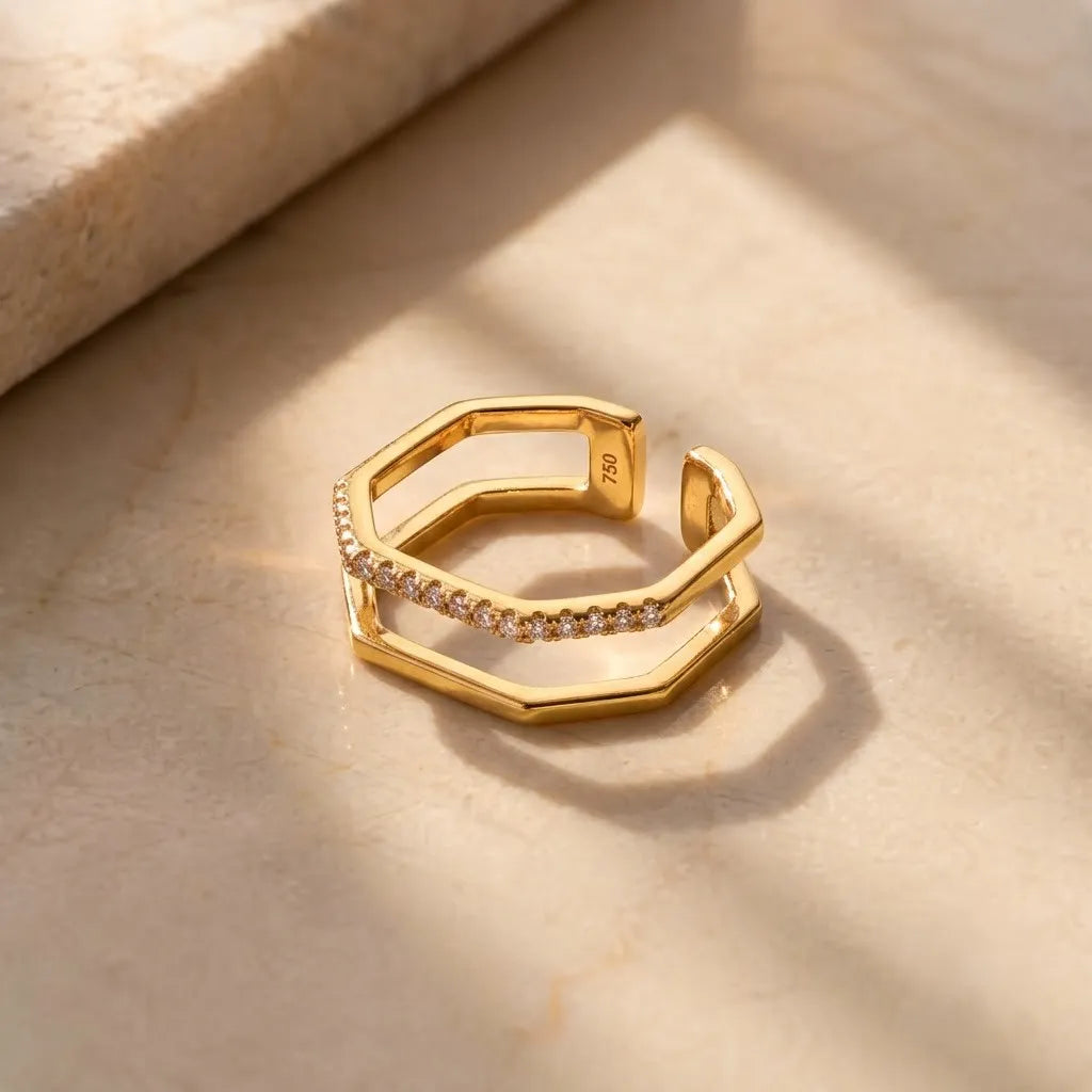 Marvel Silver gold plated geometric adjustable crystal ring for girls with modern hexagon open design.