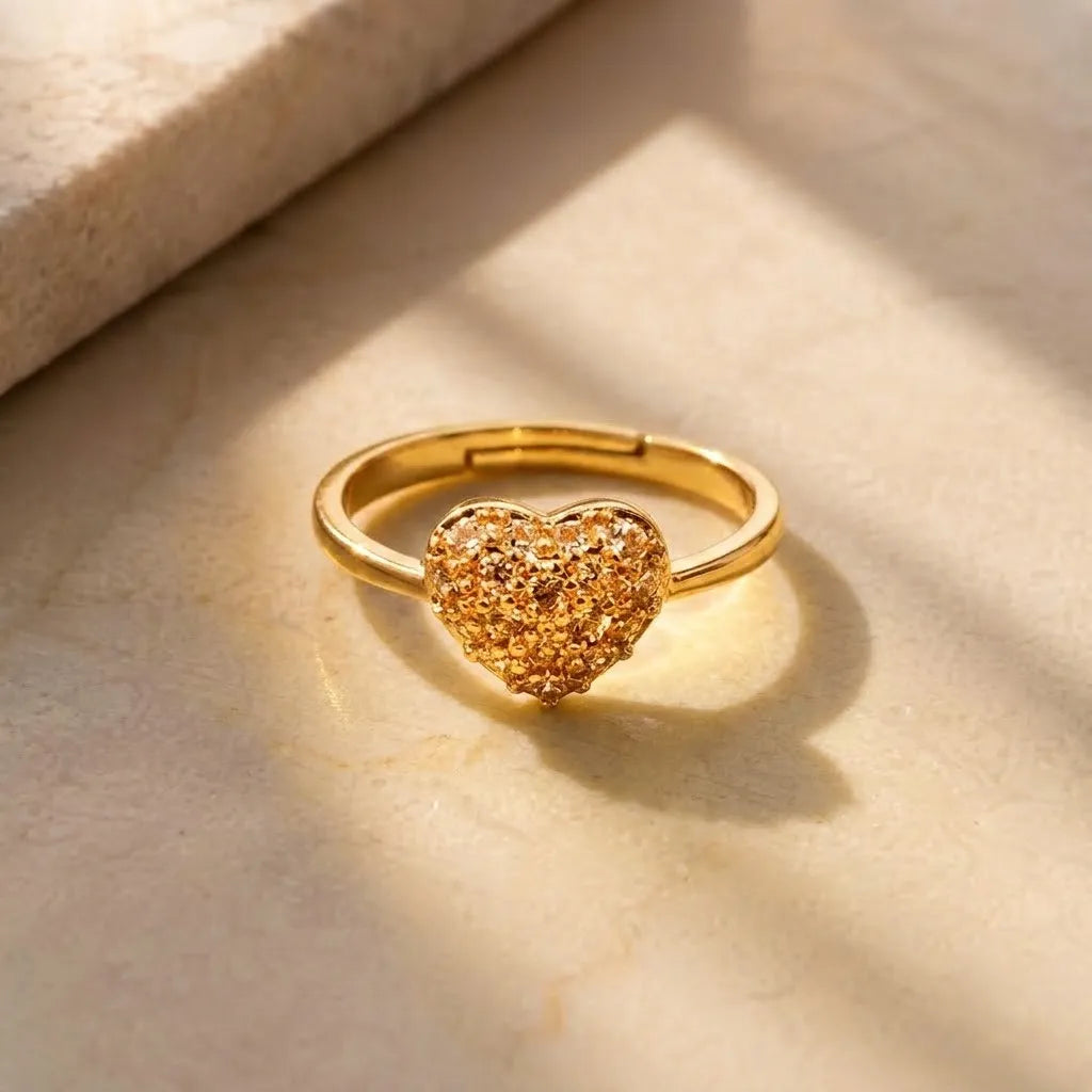 Marvel Silver gold plated adjustable heart crystal ring for girls featuring a sparkling heart-shaped cubic zirconia centerpiece with an elegant minimalist design.