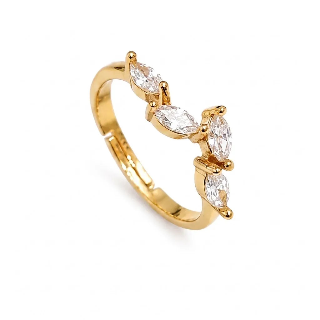 Marvel Silver gold plated adjustable marquise crystal ring for girls featuring sparkling marquise-cut cubic zirconia stones in an elegant open-band design.