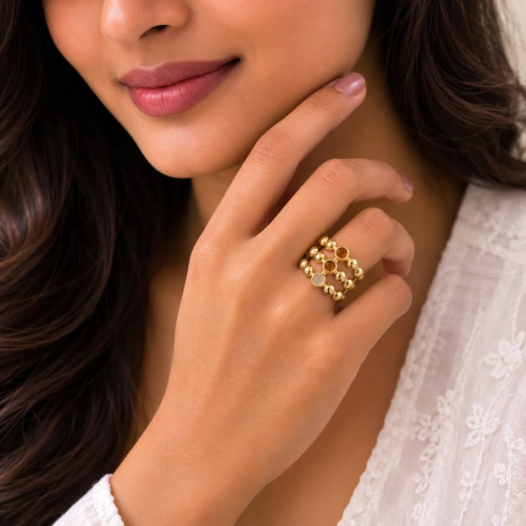 Marvel Silver Gold Plated Multi-Layer Adjustable Statement Ring for Women and Girls with Beaded Openwork Design