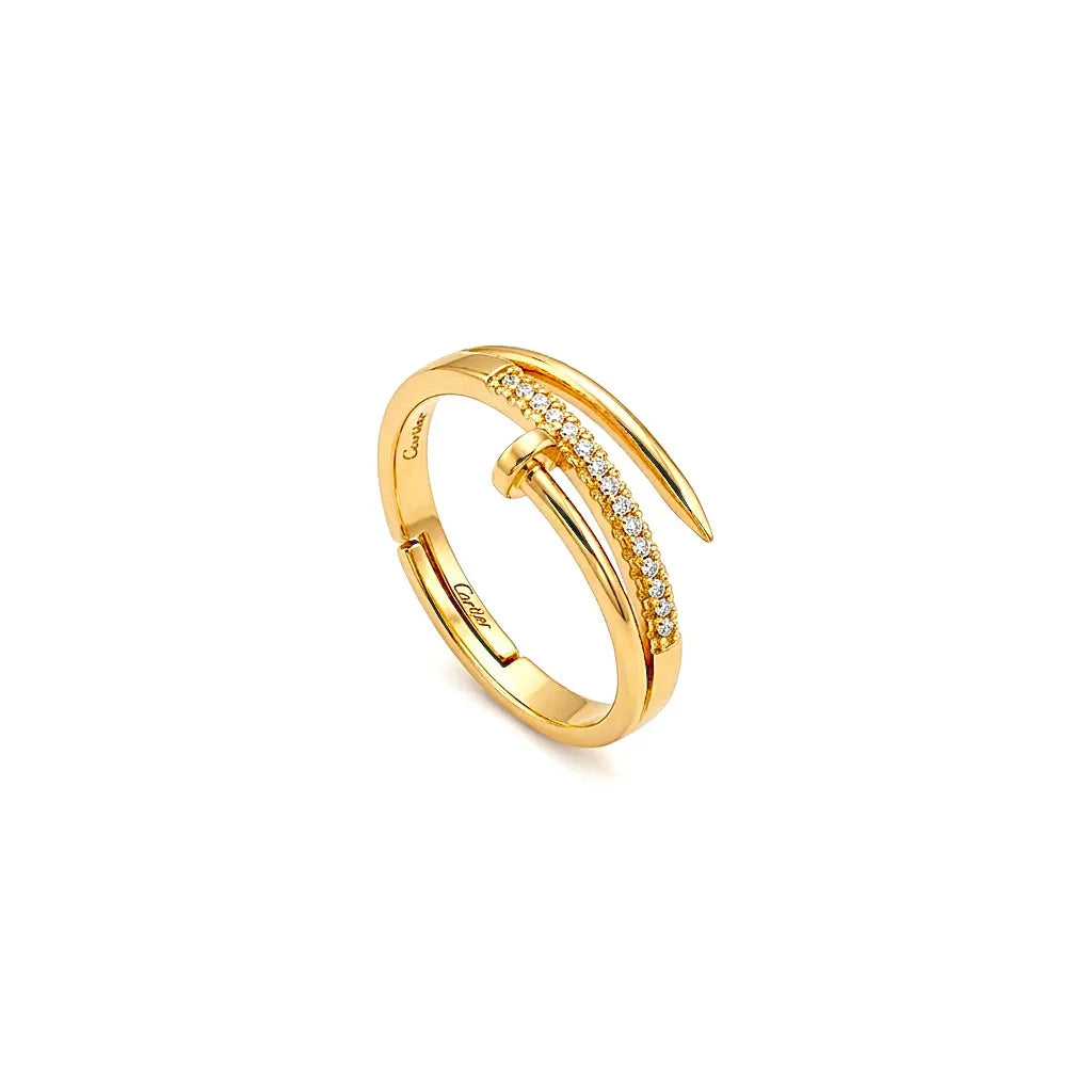 Marvel Silver gold plated adjustable nail design imitation ring with sparkling cubic zirconia stones for women and girls.