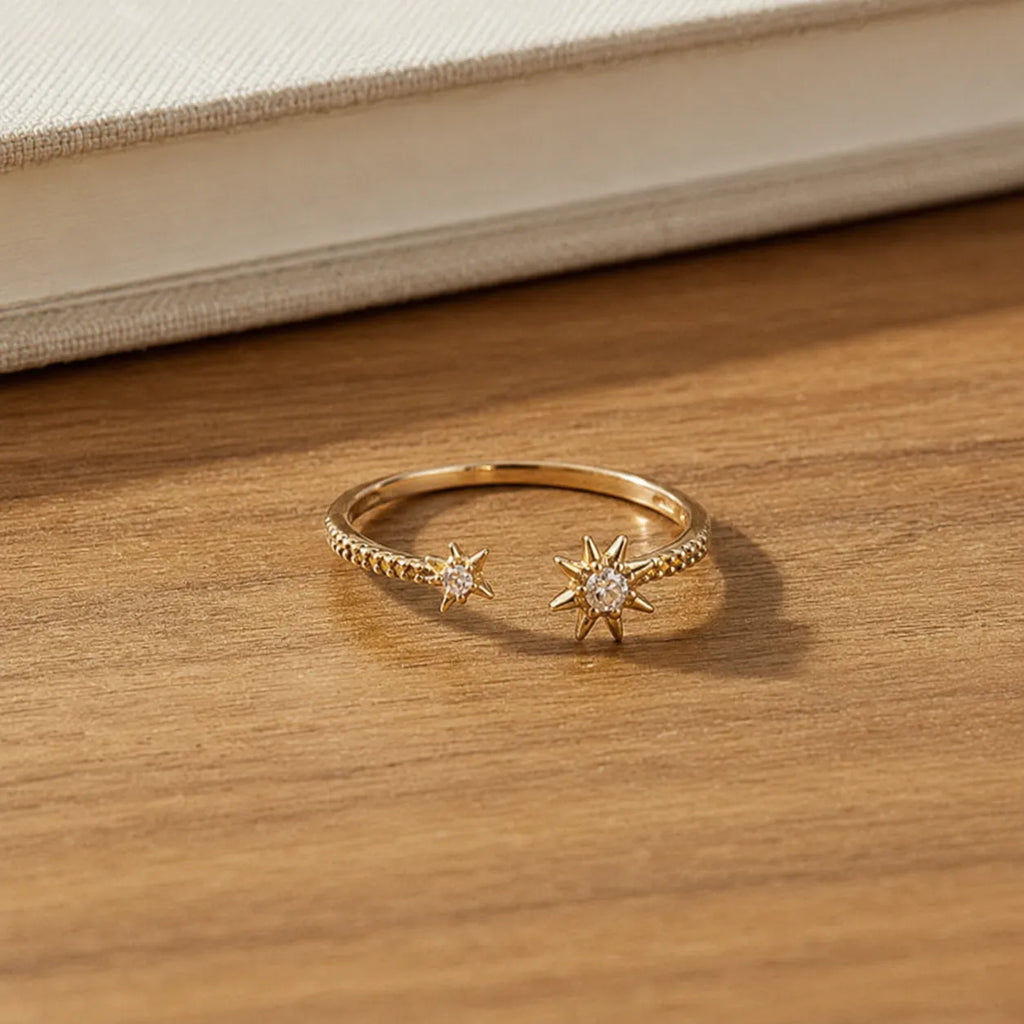 Marvel Silver gold plated adjustable sun and star crystal ring for girls featuring sparkling cubic zirconia stones in a celestial-inspired open-band design.