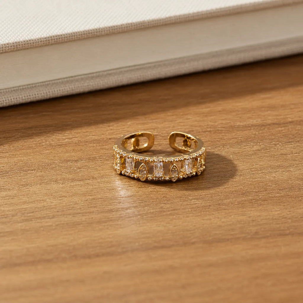 Marvel Silver gold plated adjustable vintage floral crystal ring for girls featuring marquise and oval-cut cubic zirconia stones.
