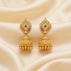 Gold polish green stone traditional jhumka earrings with pink and white stones by Marvel Silver
