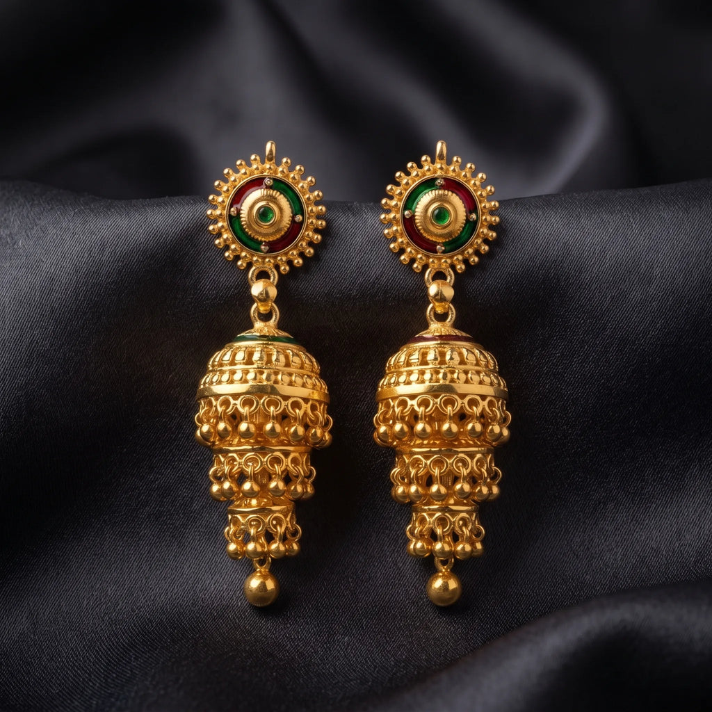 Gold polish green and maroon traditional hanging jhumka earrings by Marvel Silver