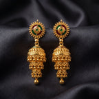 Gold polish green and maroon traditional hanging jhumka earrings by Marvel Silver