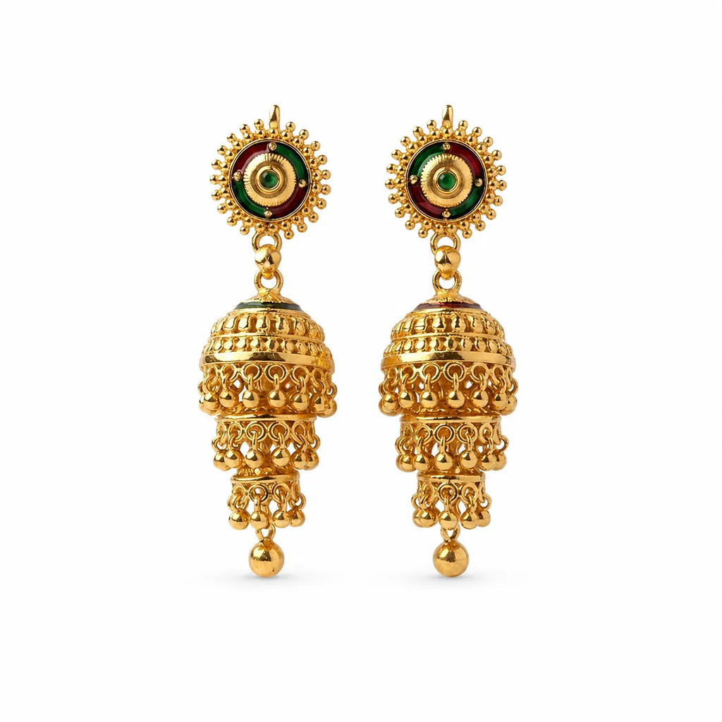 Gold polish green and maroon traditional hanging jhumka earrings by Marvel Silver